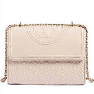 Tory Burch Fleming Convertible Cream Blush Quilted Leather Chain Shoulder Bag